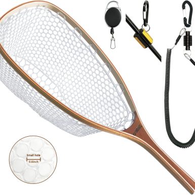 Fly Fishing Net Trout Net with Magnetic Release and Rod Holder Wooden Frame Landing Net with Soft Rubber Mesh for Catch and Release (Clear Small Holes)